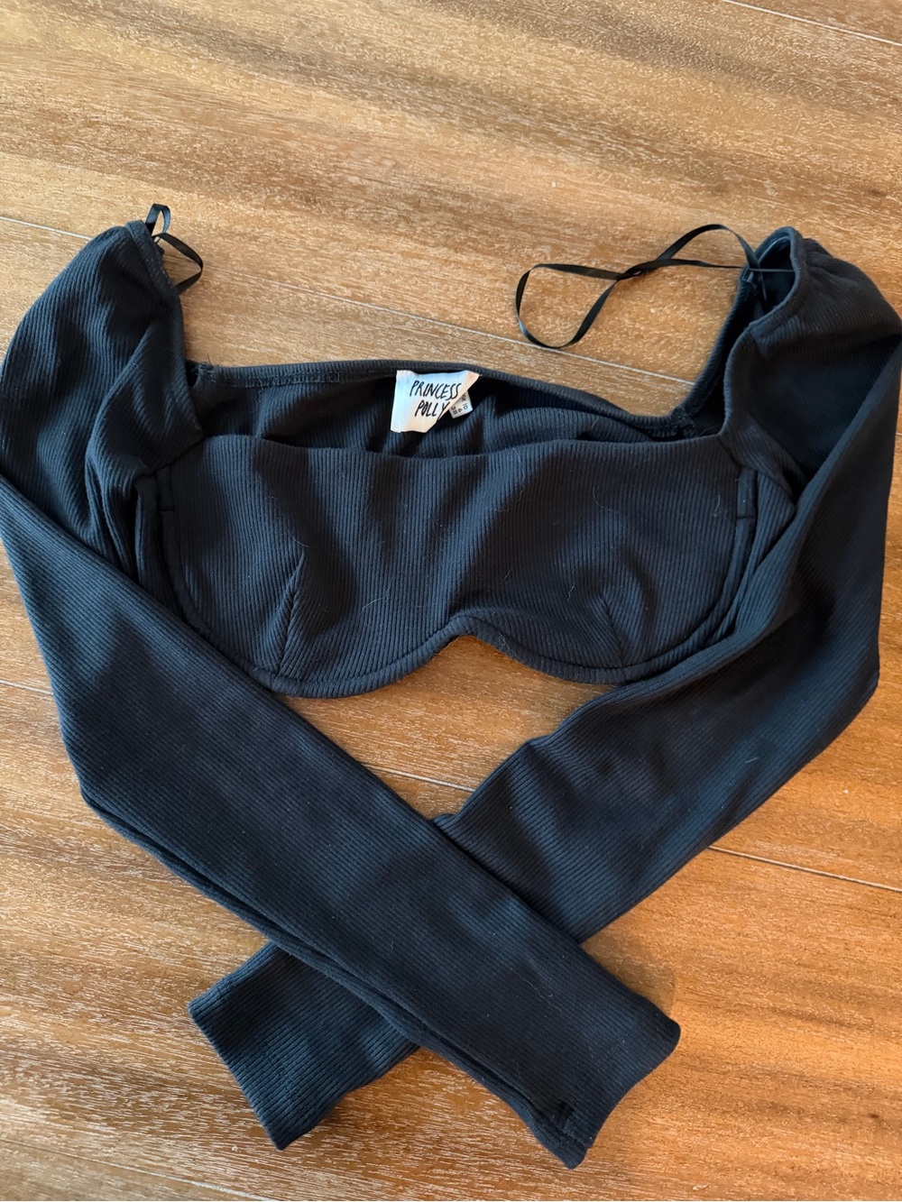 Princess Polly Black Ribbed Long-Sleeve Bustier Crop Top